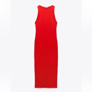 ZARA High Neck Red Jersey Halter Midi Dress